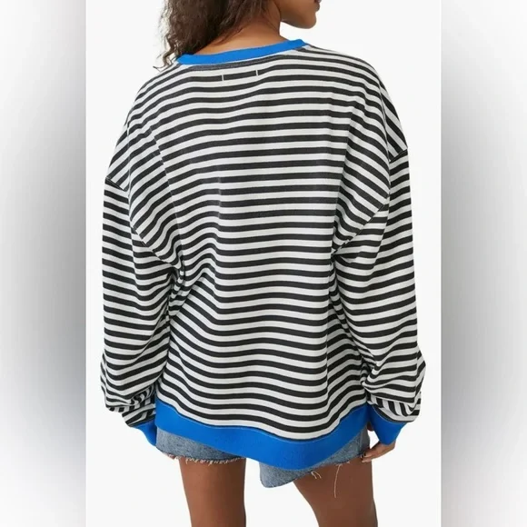 Free People -We the Free Oversized Striped Black & White Crewneck Sweatshirt - Picture 2 of 10